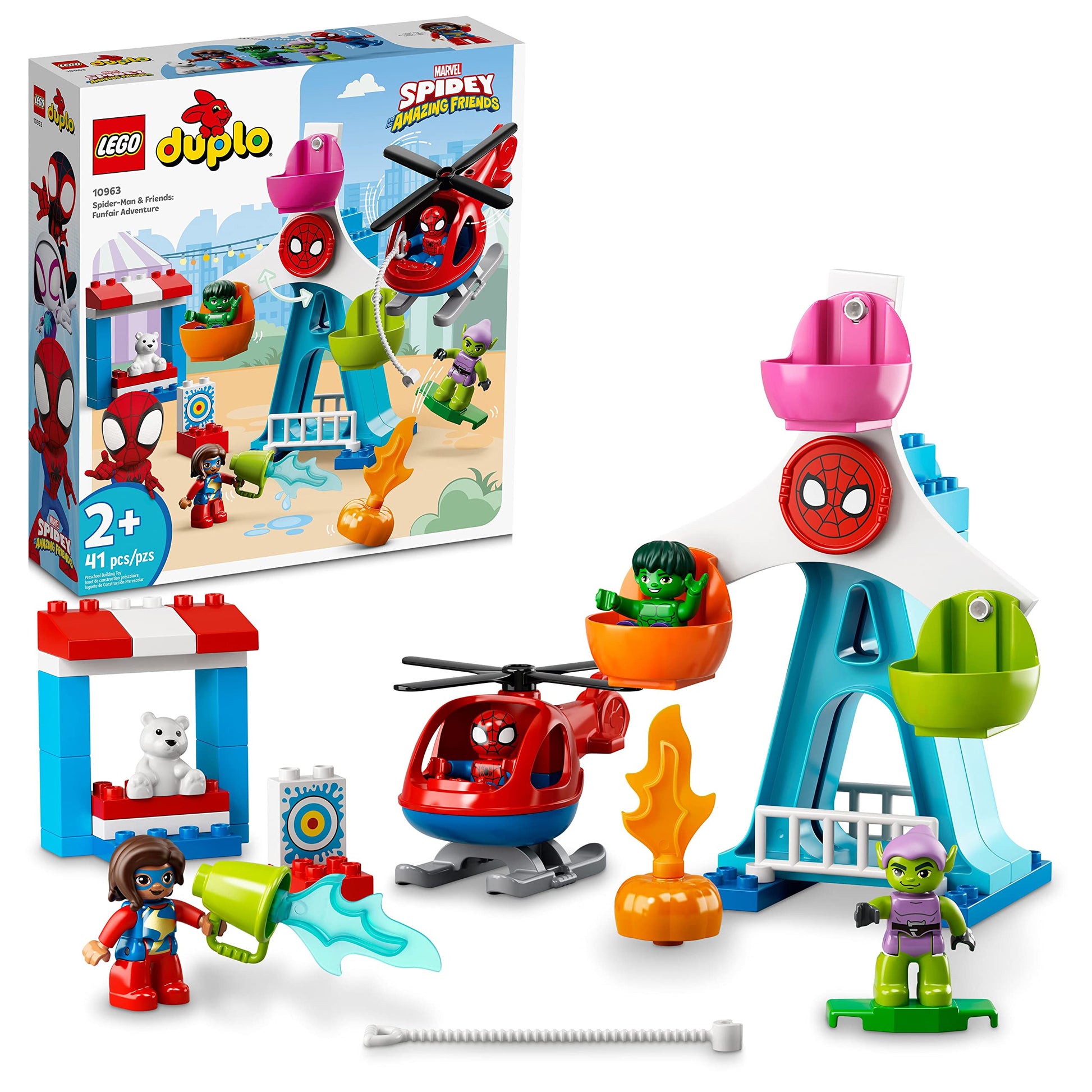 LEGO DUPLO Marvel Spider-Man & Friends: Funfair Adventure 10963 Fairground with Helicopter Toy, Spidey and Hulk Figures, Toys for Toddlers, Boys &