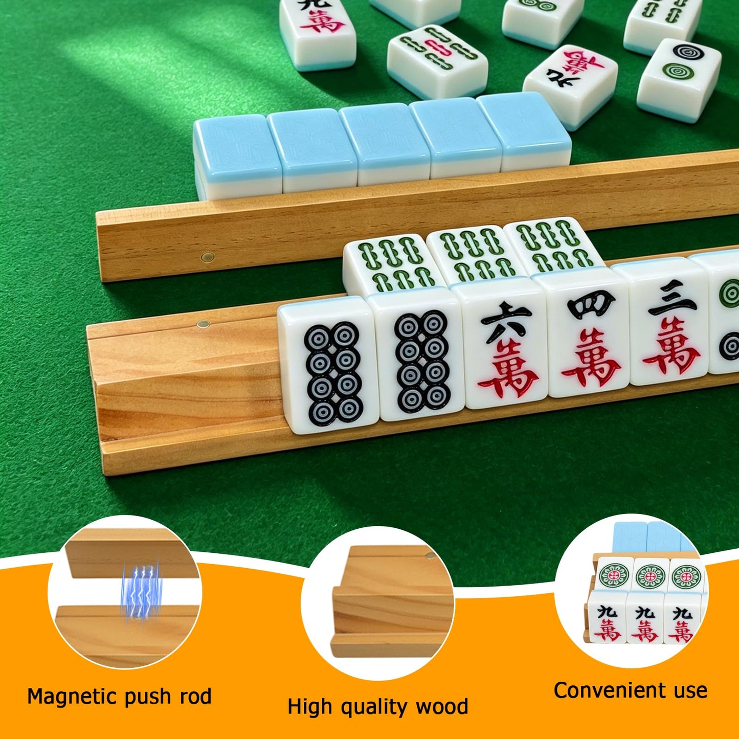 Magnetic Wooden Mahjong Racks with Pushers Set of 4, Including 4 Magnetic Racks, 4 Pushers, 40 Chips, 4 Dice, Mahjong Rack Bags,Chip Dice Bundle