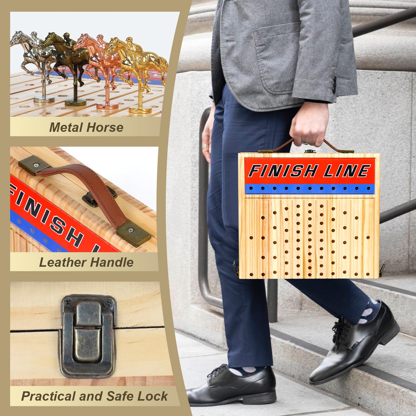 21 Inches Horse Racing Game, Horse Race Board Games with 11 Luxury Metal Horses,Thickened Wood Chessboard,Chips,Cards and Dice, Classic Wooden Table