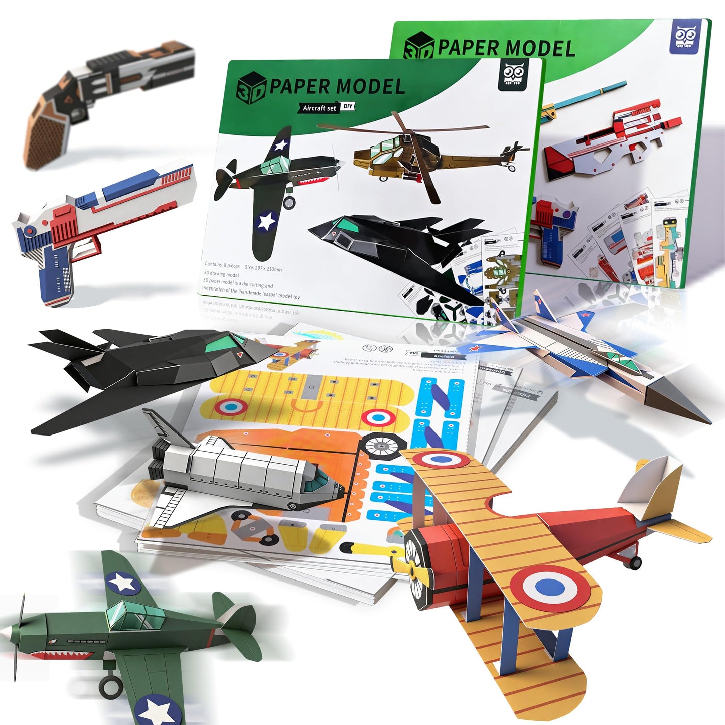 2 Themes in 1, 3D Paper Building Model, DIY Origami Kit for Kids Ages 8-12, Includes 16 Pre-cut, Easy-to-Assemble Aircraft & Weapon 3D Paper Building