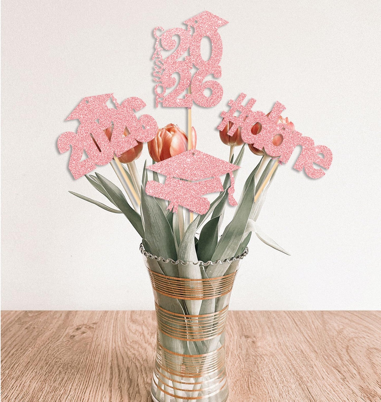 CAVLA 16 Pieces Rose Gold Glitter 2026 Graduation Party Centerpiece Sticks Class of 2026 Done Graduation Cap Diploma Table Toppers 2026 High School