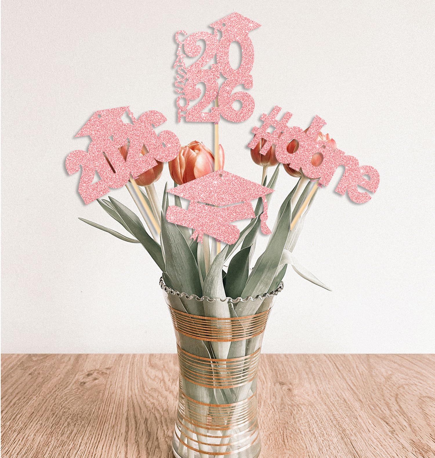 CAVLA 16 Pieces Rose Gold Glitter 2026 Graduation Party Centerpiece Sticks Class of 2026 Done Graduation Cap Diploma Table Toppers 2026 High School
