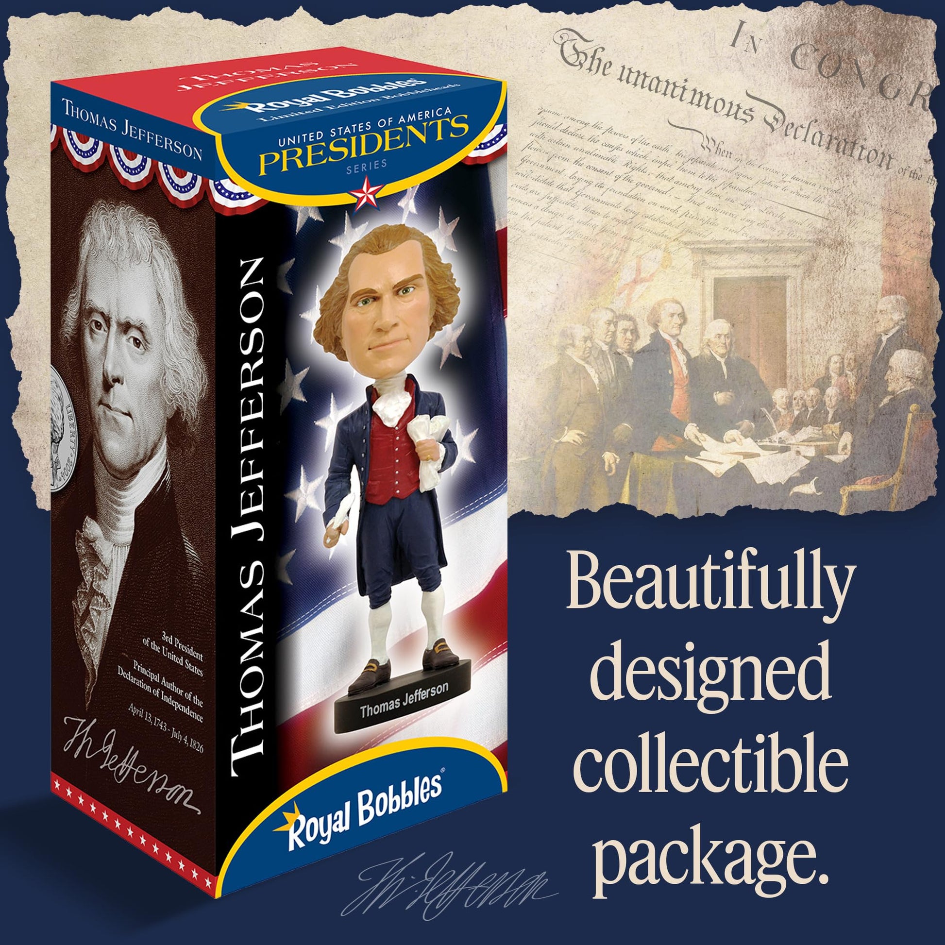 Royal Bobbles Thomas Jefferson, 3rd President of the United States - Founding Fathers Collection - 8.3 Inches Tall - Collectible Bobblehead Statue