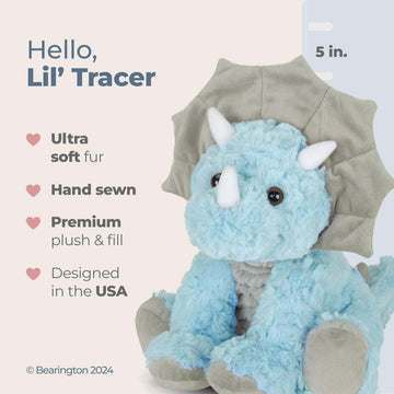Bearington Lil' Tracer Dinosaur Baby Plush - 5" Soft Velour Blue and Grey Stuffed Animal with Rattle - Soft Dino Baby Toy Gift - Stuffed Animals