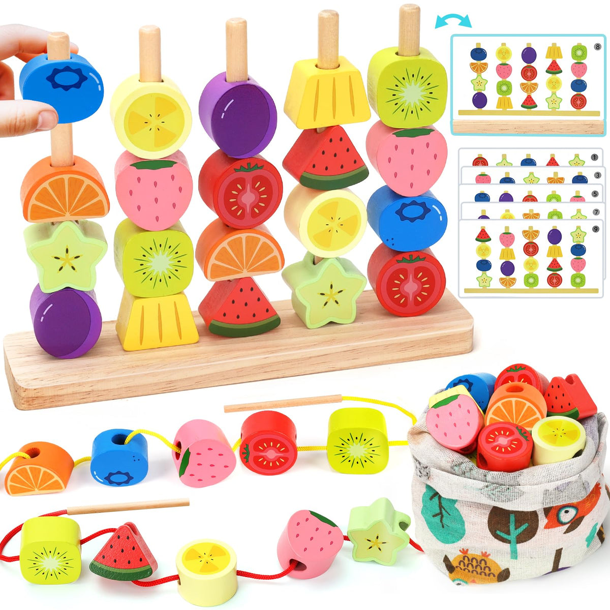Montessori Wooden Beads Stacking Toys: 2 3 4 Year Old Boys Girls Birthday Gifts - Toddler Sequence Game & Sorting Blocks & Lacing & Matching Shape