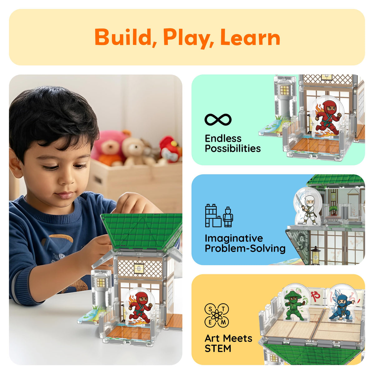 PicassoTiles Magnetic Tile Ninja Dojo Theme Set Two Sided Printed Designs Interior Exterior 3D Magnet Tiles 4 Character Ninjas STEM Education Learning