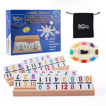 PUREPLAY Mexican Train Dominoes Set with Numbers - Double 12 Colored Number Dominoes - 91 Tiles, 9 Trains, 4 Wooden Trays & Storage Bag for 2-8