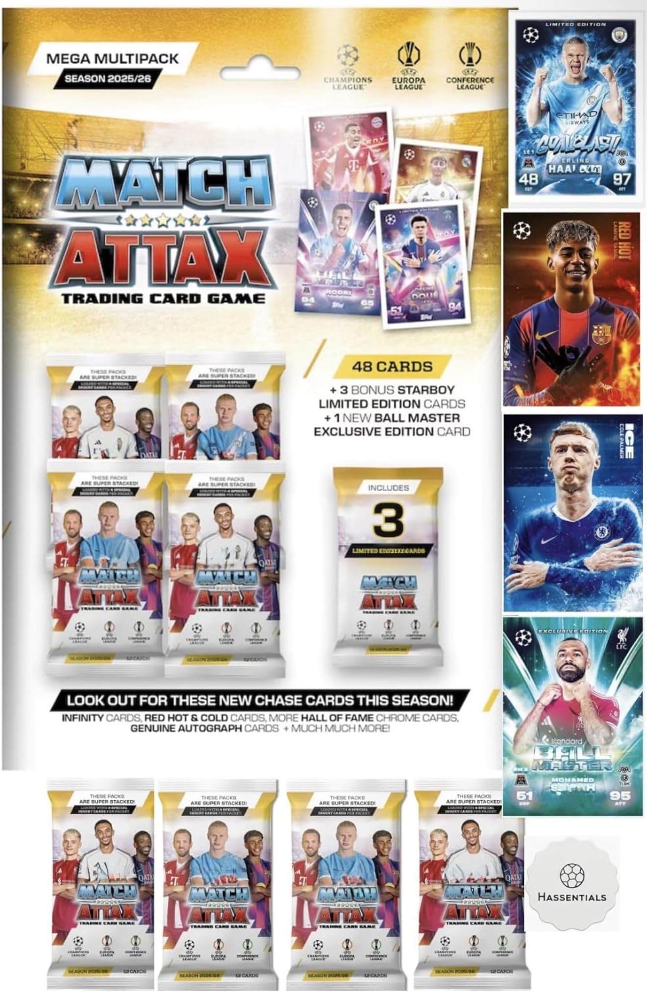 Match Attax New Mega Multipack 25/26 Soccer Cards Includes 48 Cards + 3 LE Cards + Bundle with Hassentials Sticker, 2026 Soccer Cards