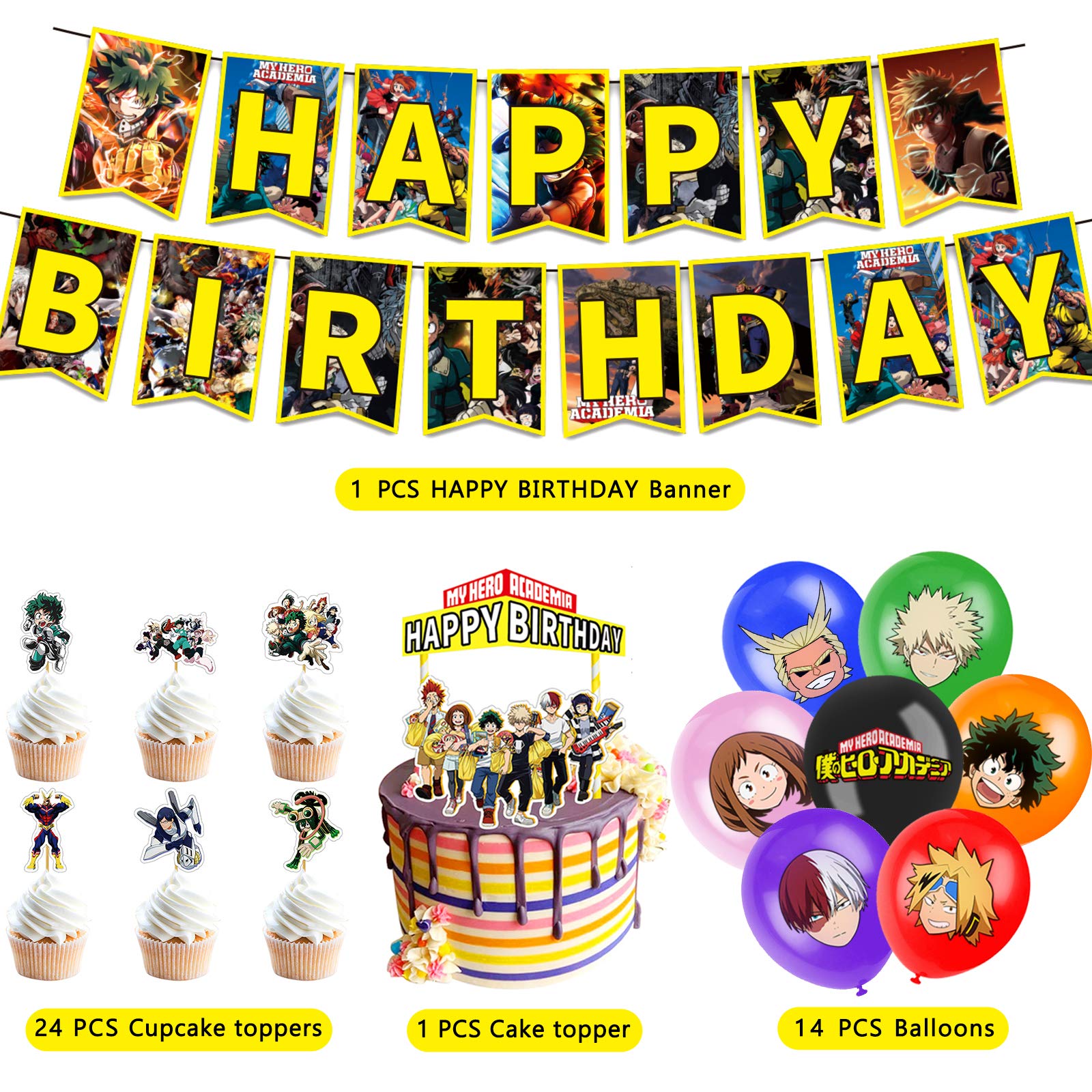 My Hero Academia Party Supplies, Birthday Decorations Set Including Balloons, Banner, Cake Toppers, Cupcake Toppers for MHA Fans Kids, MHA Theme