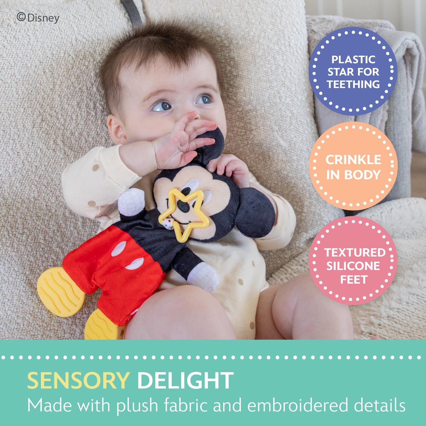 Kids Preferred Disney Baby Mickey Mouse Plush and Sensory Crinkle Teether Toys for Newborn Baby Boys and Girls 10 inches