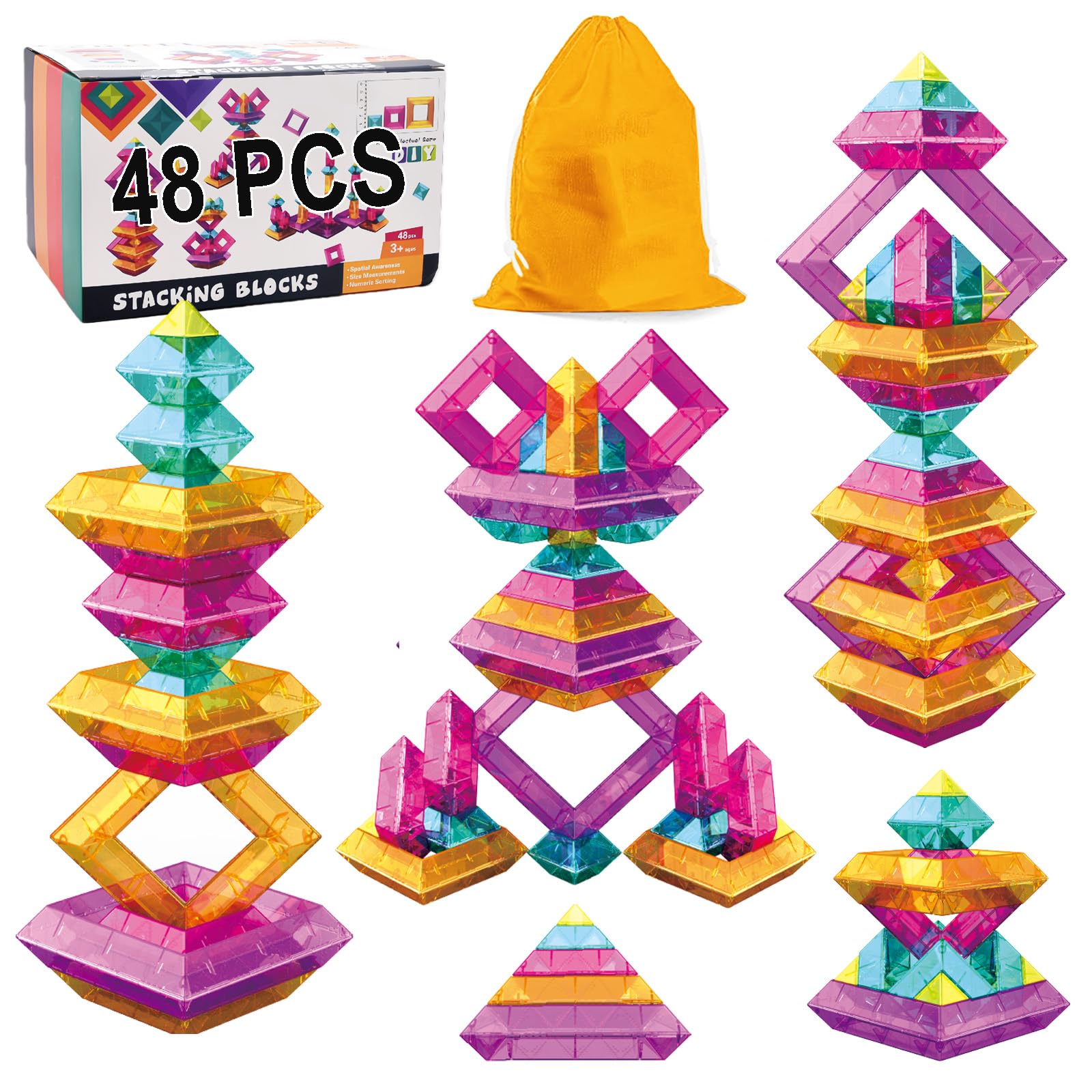 WSKC Building Blocks 48 PCS Stacking Toys for Kids 3 4 5 6 Years Old, Preschool Learning Activities for Toddlers 3-4 Years, STEM Educational Learning