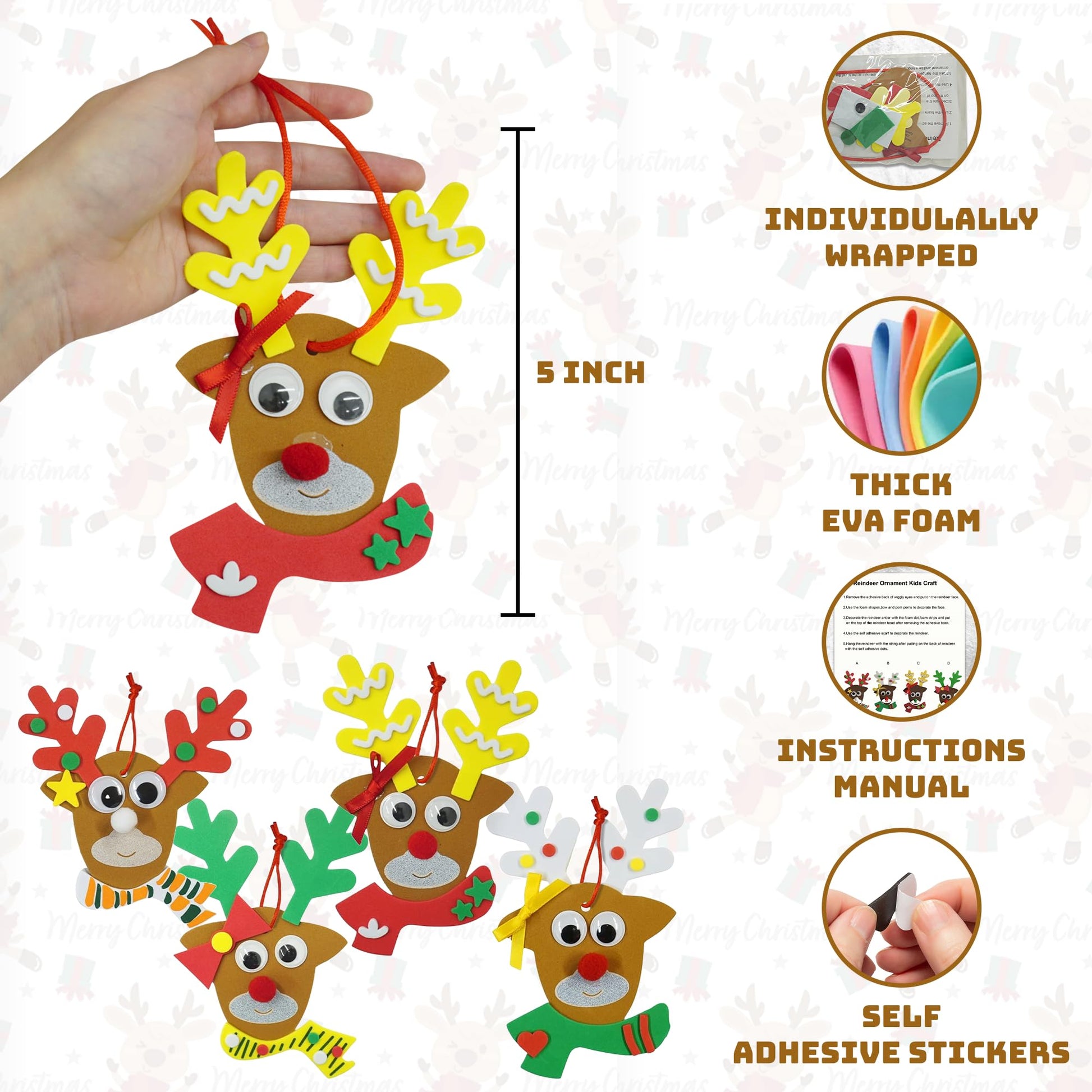 4E's Novelty Reindeer Christmas Ornament Craft for Kids (12 Pack) Updated Edition - Foam Bulk Arts and Crafts Kit for Kids Toddlers 4-8 DIY Craft