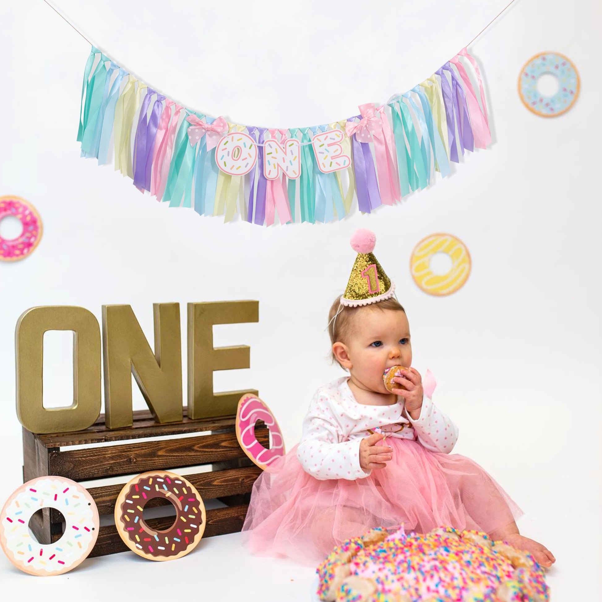 Donut 1 Years Old Birthday Banner - Sweet One Birthday Party Decorations, Soft Ribbon Ballet Skirt Set, Rainbow High Chair Garland, Sweet One Year