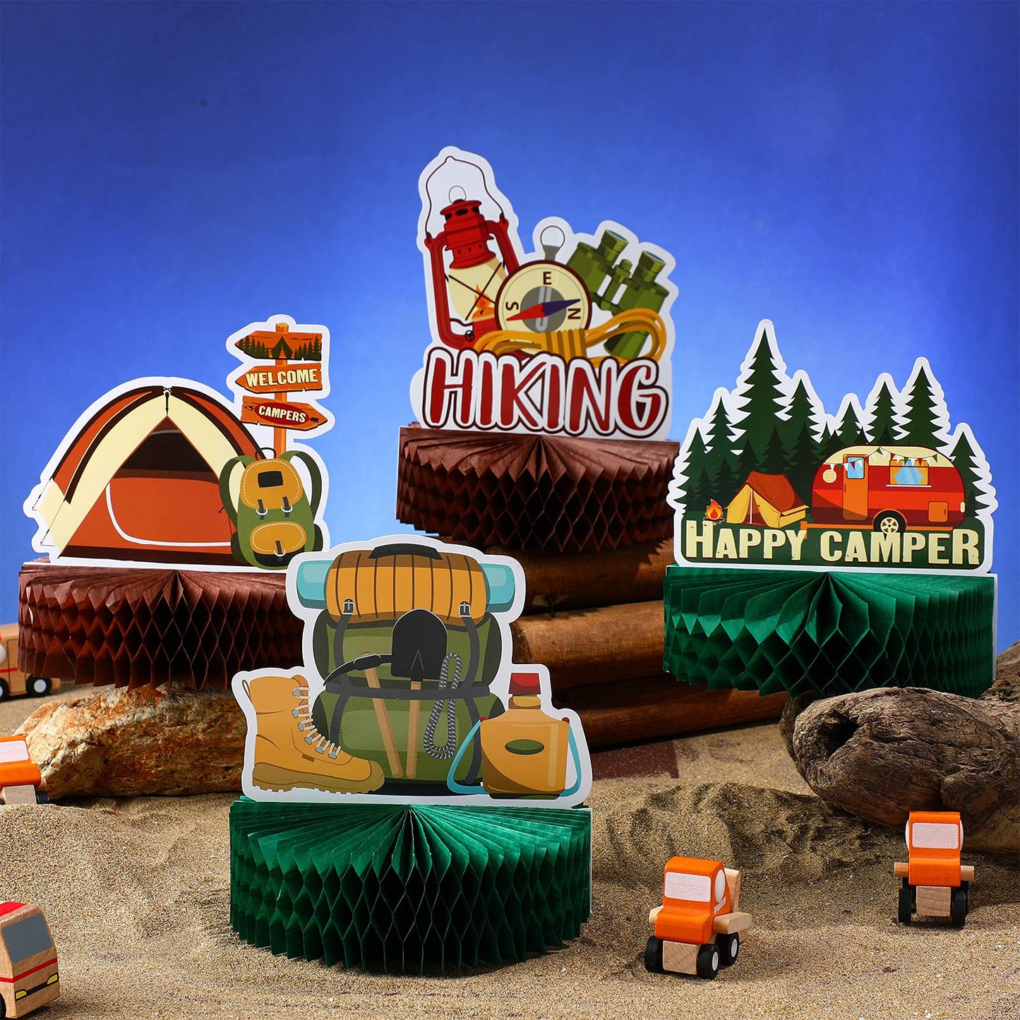 Sumind Camping Party Decoration, 6 Pcs Happy Camper Honeycomb Centerpieces Table Decor Adventure Cake Topper for Birthday Shower Campfire Adventure