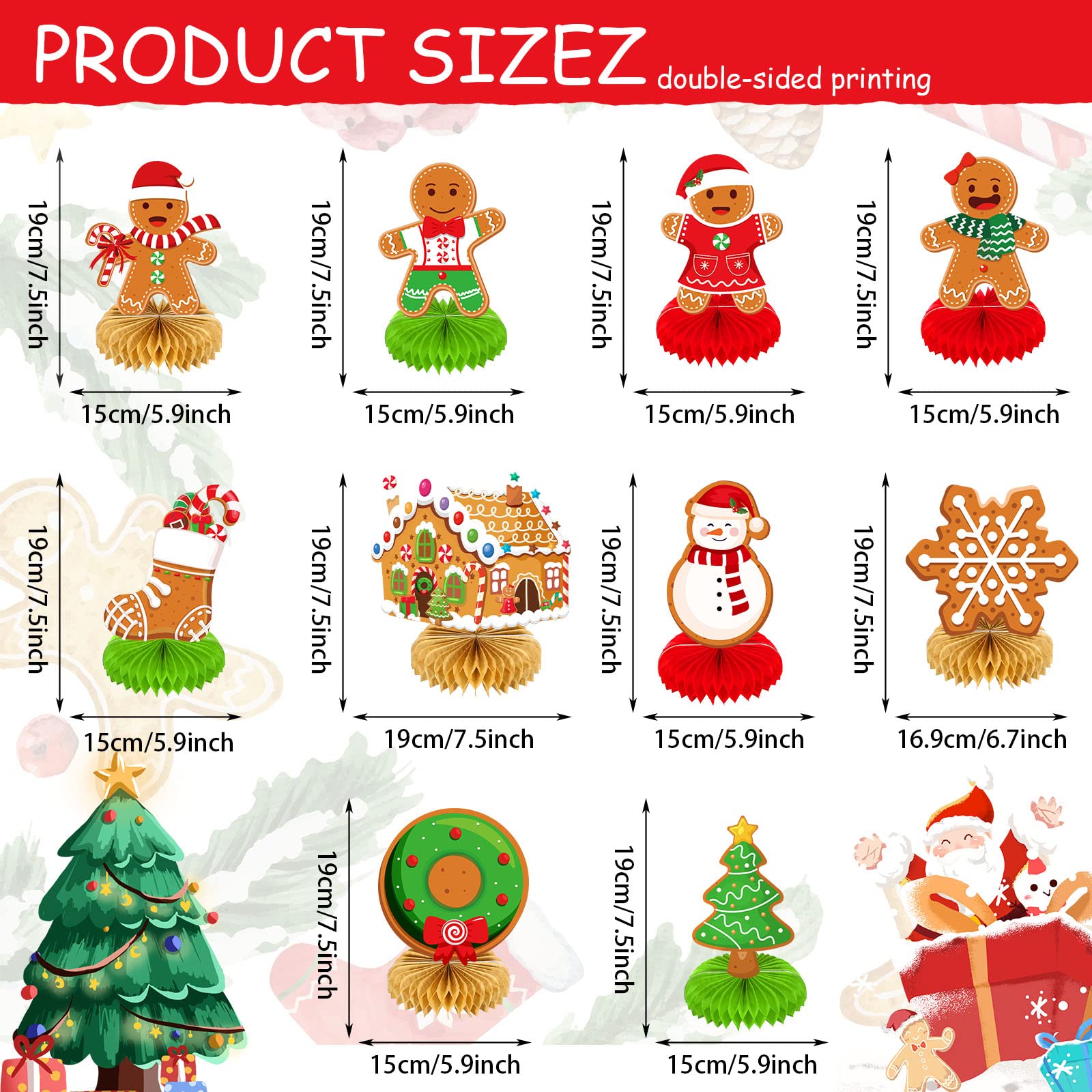 10 Pieces Christmas Gingerbread Man Party Ornaments Decorations Merry Xmas Gingerbread Man Snowflake Snowman Party Honeycomb Centerpieces Christmas