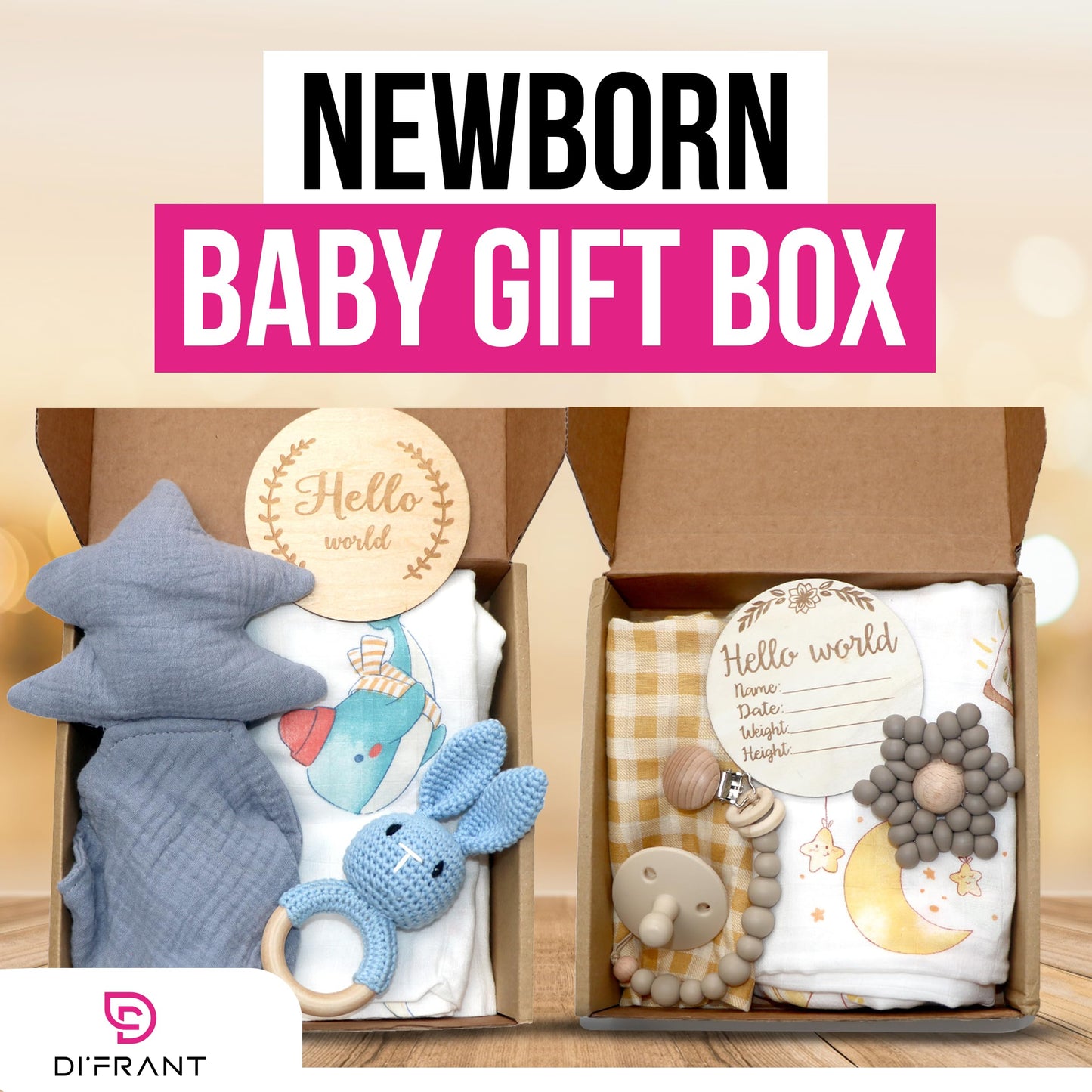 DI'FRANT® Newborn Baby Gift Box | Baby Essentials Educational Teething Toy & Soothing Crochet Rattle Set |Baby Boy Stuff Bamboo & Cotton | Perfect