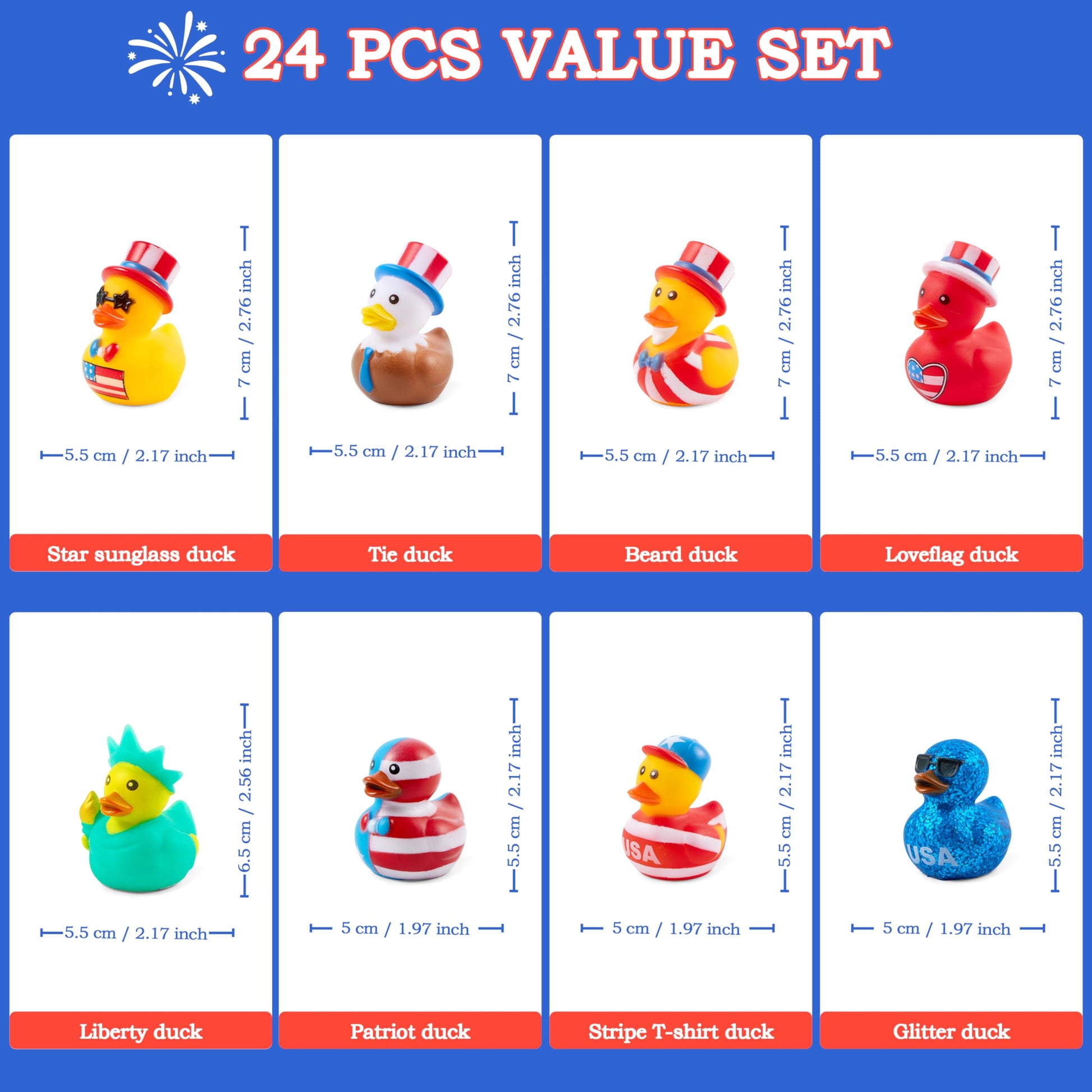 JOYIN 24 Pcs Patriotic Rubber Ducks, Red White Blue 4th of July Bulk Ducks with 8 Designs, Independence Day Duck with Flag Prints, Patriotic Party