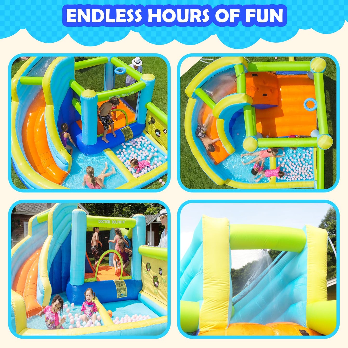 Doctor Dolphin Inflatable Water Slide, Water Bounce House for Kids, Waterslide Bounce House for Backyard, Blow Up Bouncy House for Outdoor Wet and Dry