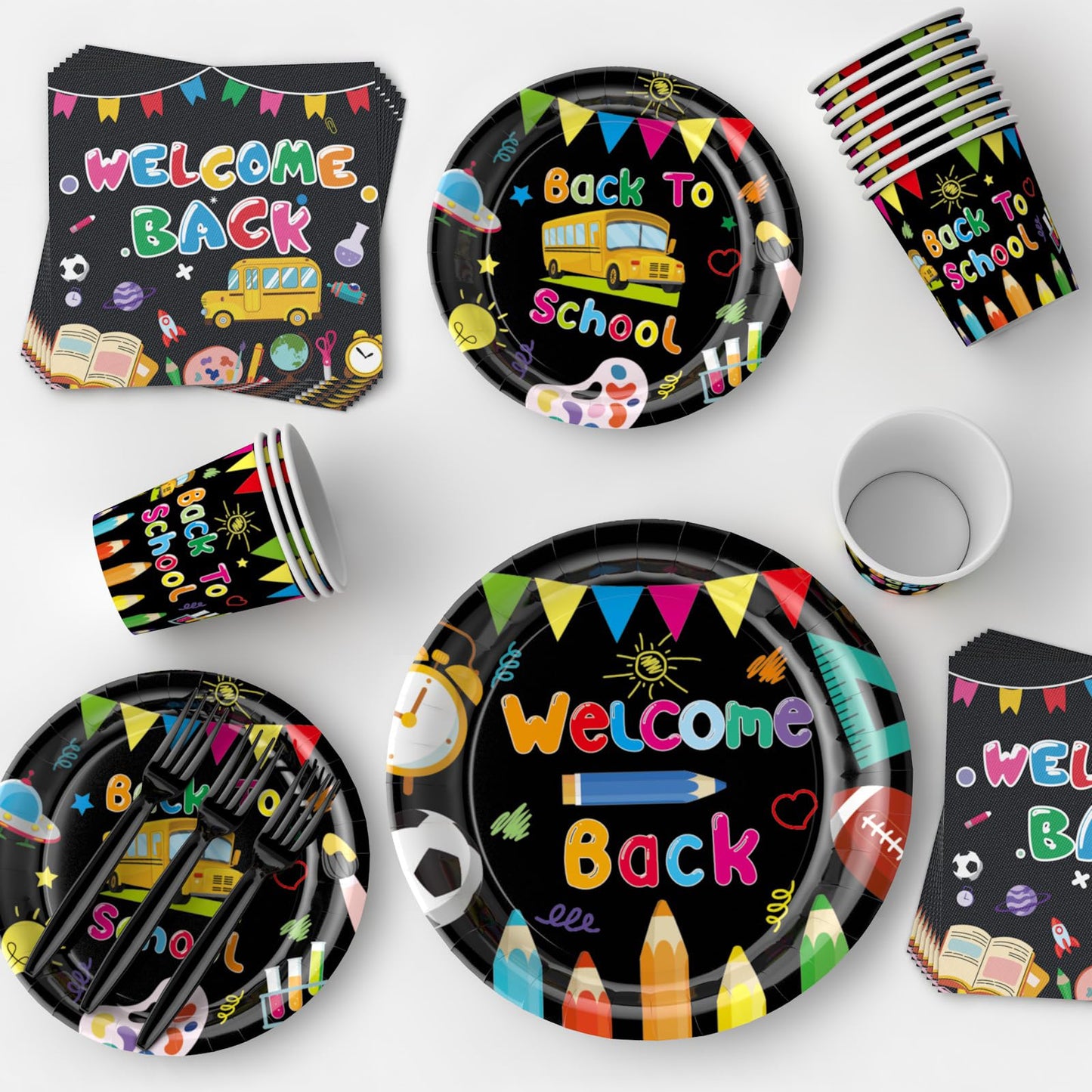 122 PCS Back to School Party Supplies, Disposable Tableware Set Include Back to School Plates and Napkins, Cups, Forks, Banner and Tablecloth