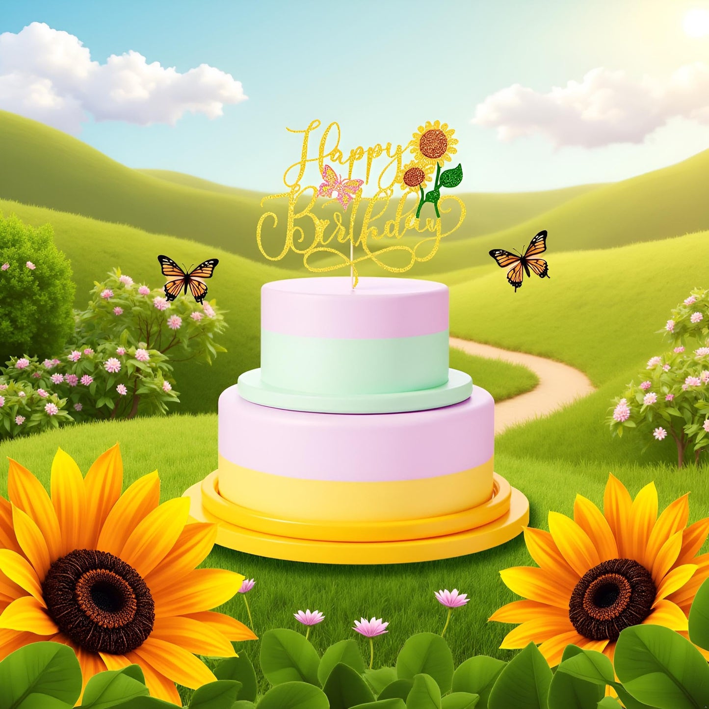 Sleyberoy Gold Glitter Sunflower Happy Birthday Cake Topper