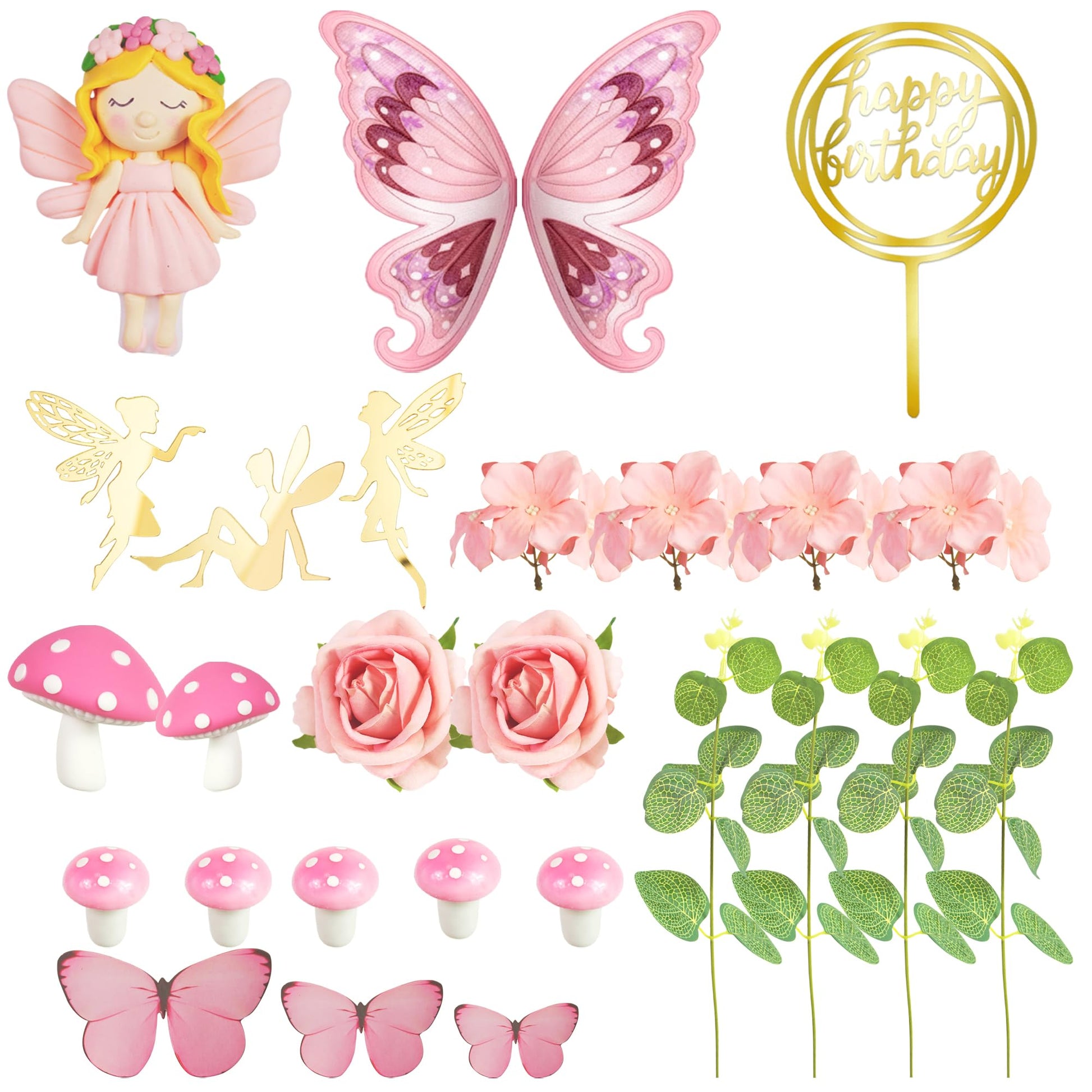 Fairy Cake Toppers Pink Mushroom Flowers Butterfly Cake Decorations for Fairy Spring Garden Birthday Supplies