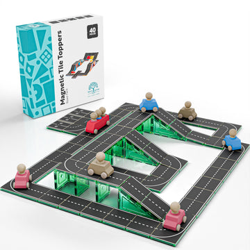 Learn & Grow Magnetic Tiles Road Expansion Pack - 40PCs Road Toppers Set for Cars, STEM Learning & Building Toy - Magnetic Tile Accessories for Kids