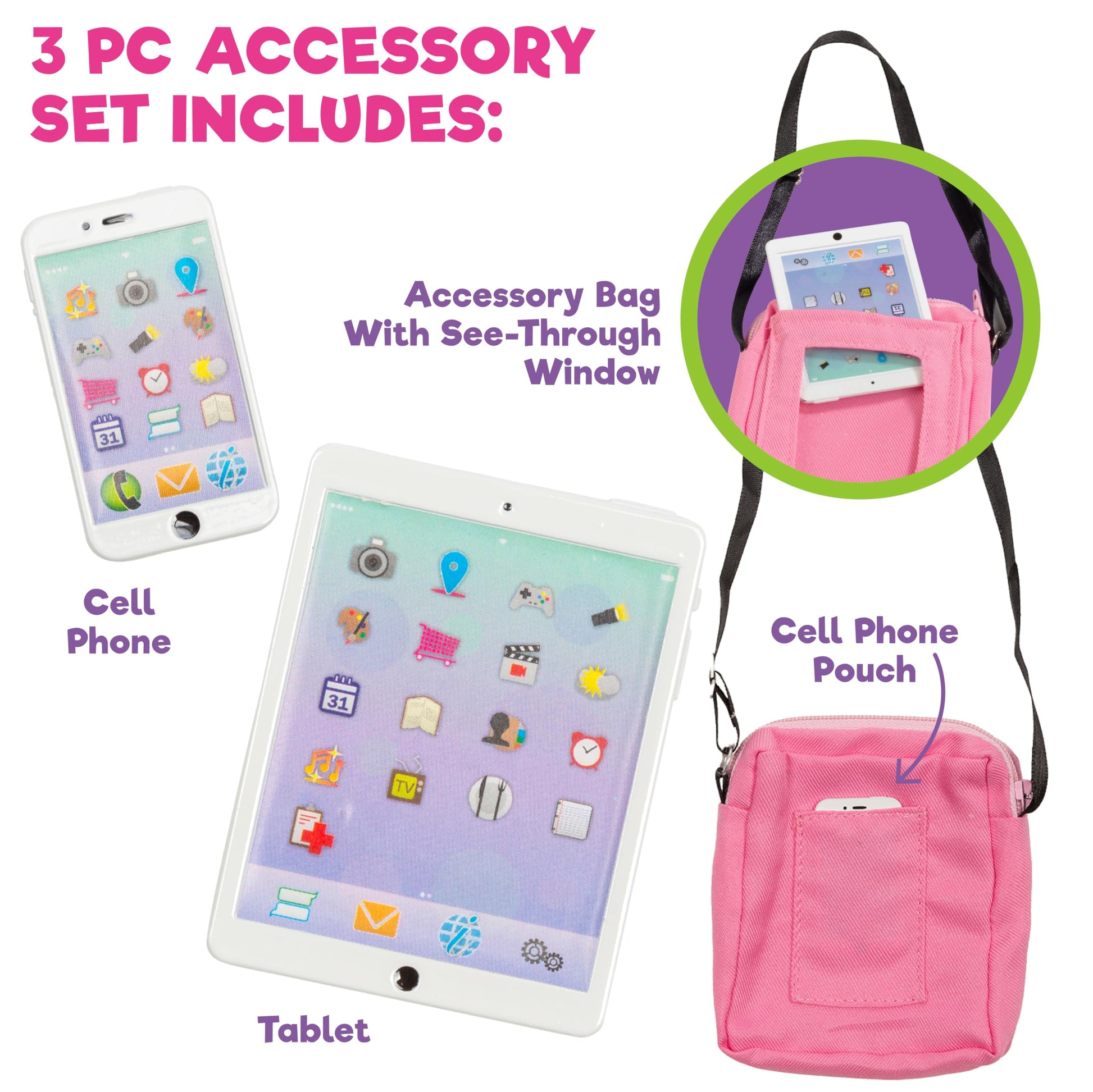 Dress Along Dolly 3pc Tech Set for American 18" Dolls w Cell Phone, Computer Tablet, and Accessory Bag- Premium Durable Metal Construction- Perfect