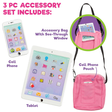 Dress Along Dolly 3pc Tech Set for American 18" Dolls w Cell Phone, Computer Tablet, and Accessory Bag- Premium Durable Metal Construction- Perfect