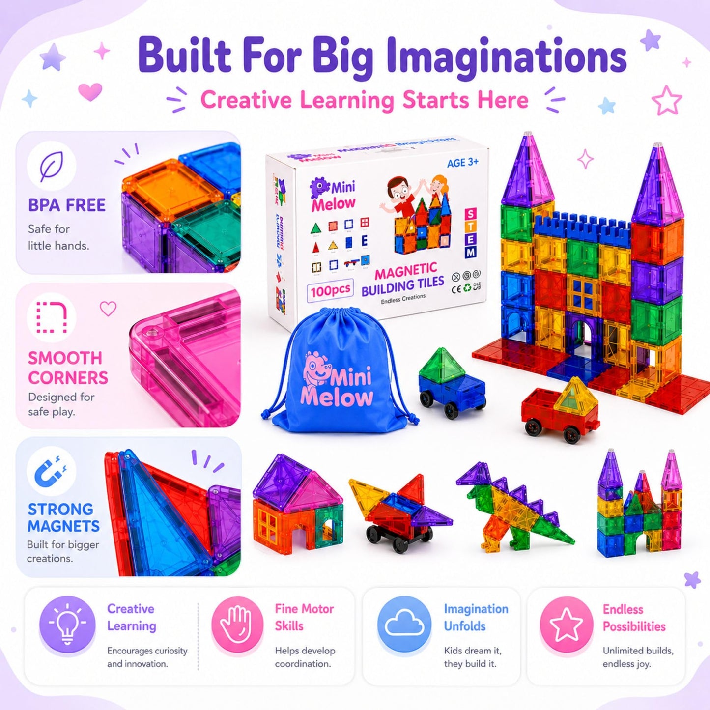 Mini Melow 100 Pcs Magnetic Tiles for Kids - 3D Magnet Tiles Building Toys with 2 Cars, Durable & Non Toxic Magnetic Building Blocks, STEM Toys