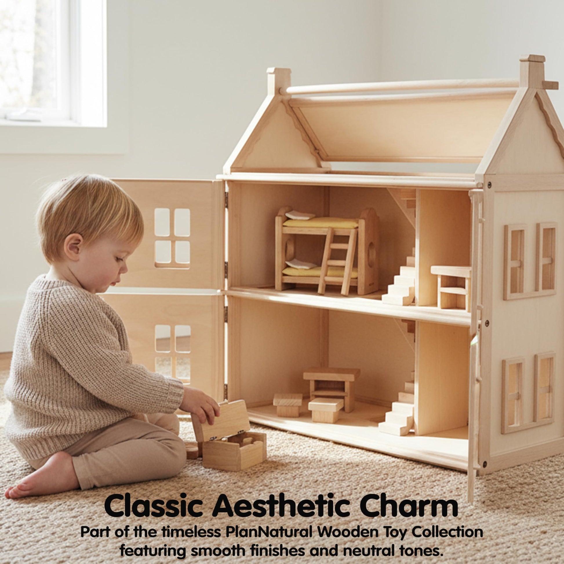 PlanToys® Wooden Children’s Room Classic Set for Montessori Small World Play | Creative Role Play and Social Interaction | Eco Friendly Wooden