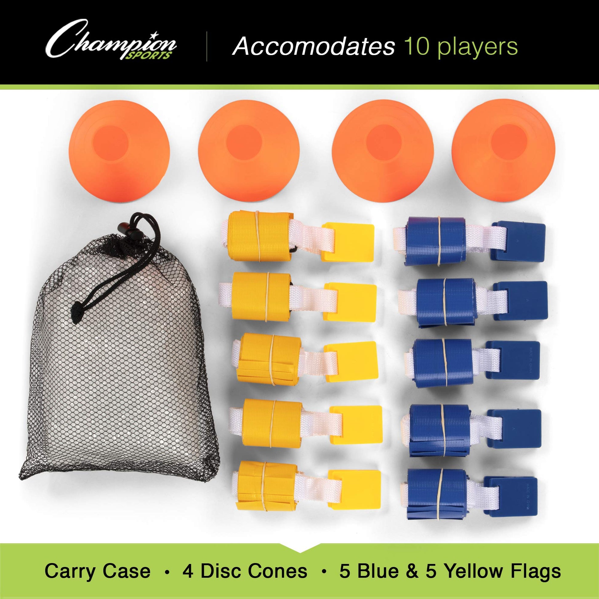 Champion Sports Deluxe Flag Football Game Set of 10 - 5 Blue Belts, 5 Yellow Belts, 4 Orange Cones, Carry Bag