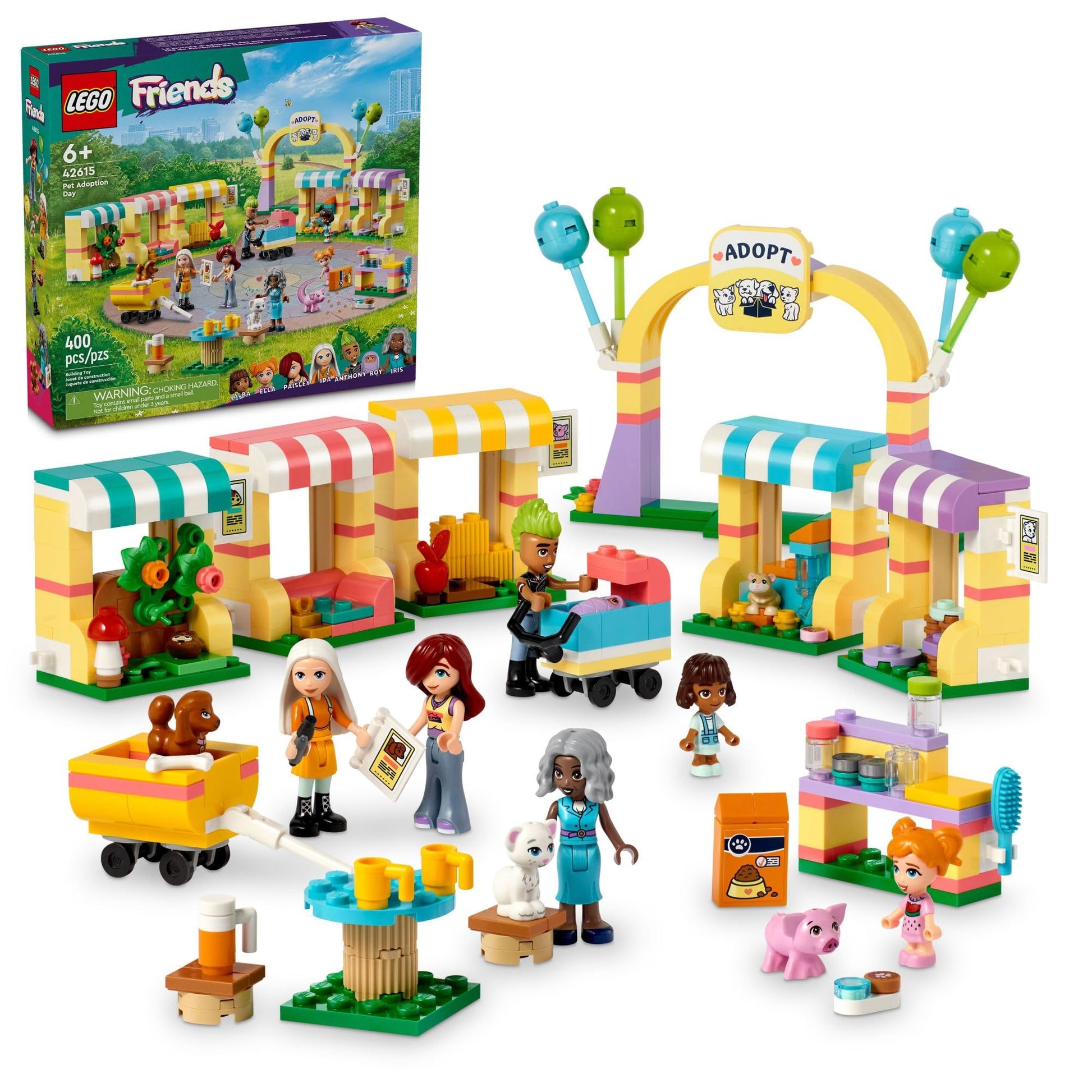 LEGO Friends Pet Adoption Day Toy, Animal Set, Pretend Play, Gift Idea for Kids, Girls and Boys Aged 6 Years and Up, with 7 Characters and 5 Animal