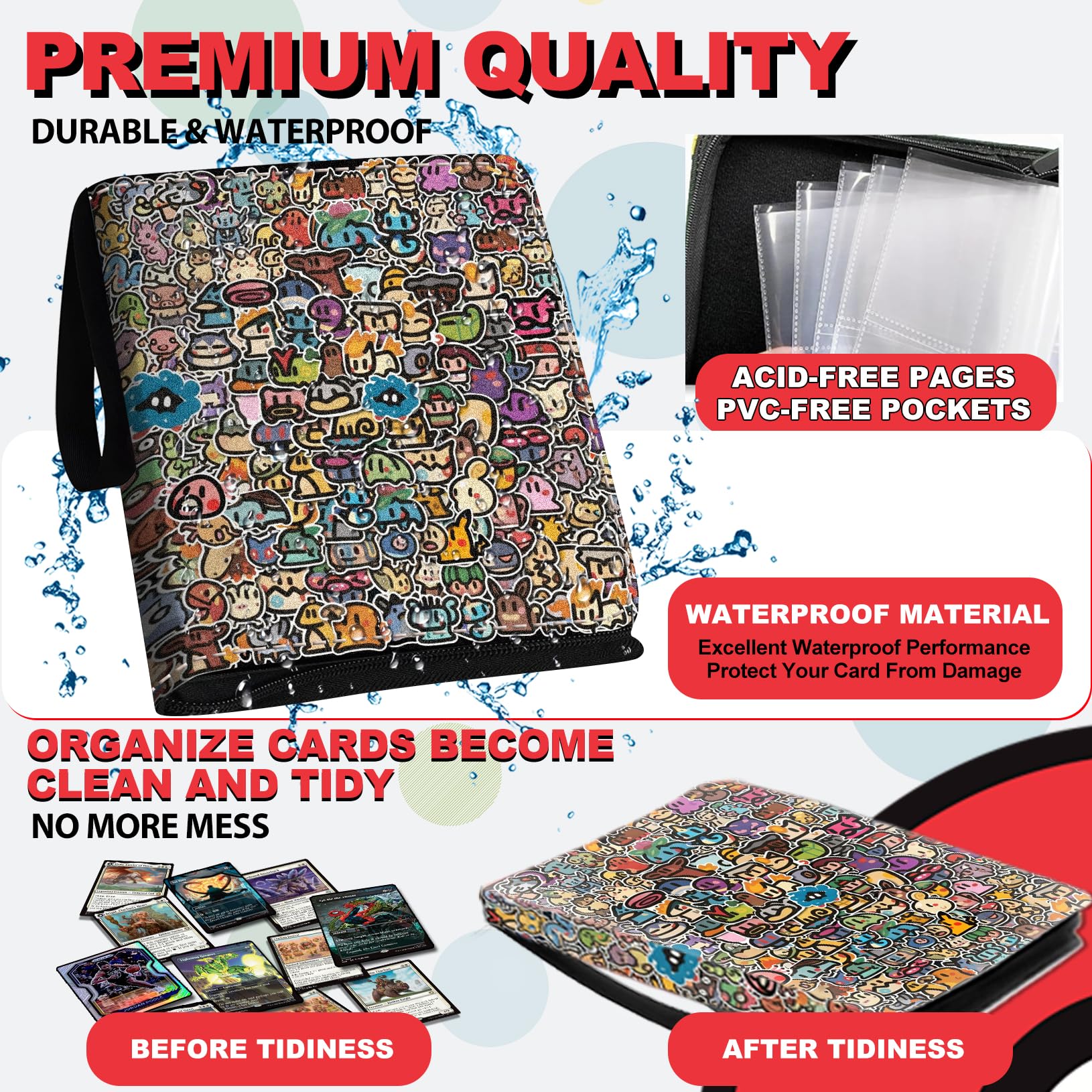 1008 Card Binder 9 Pocket, 3-Ring Trading Card Binder with 56 Page Removable Sleeves, High Storage Waterproof Trading Card Holder Collection Card