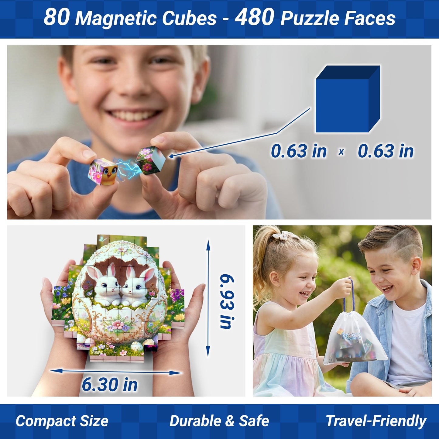 TOSY Picture Cube Bunny Friends: 6-in-1 Magnetic Picture Puzzle, Easter Basket Stuffers STEM Gift for Kids & Adults, 80 Blocks, 480 Puzzle Faces