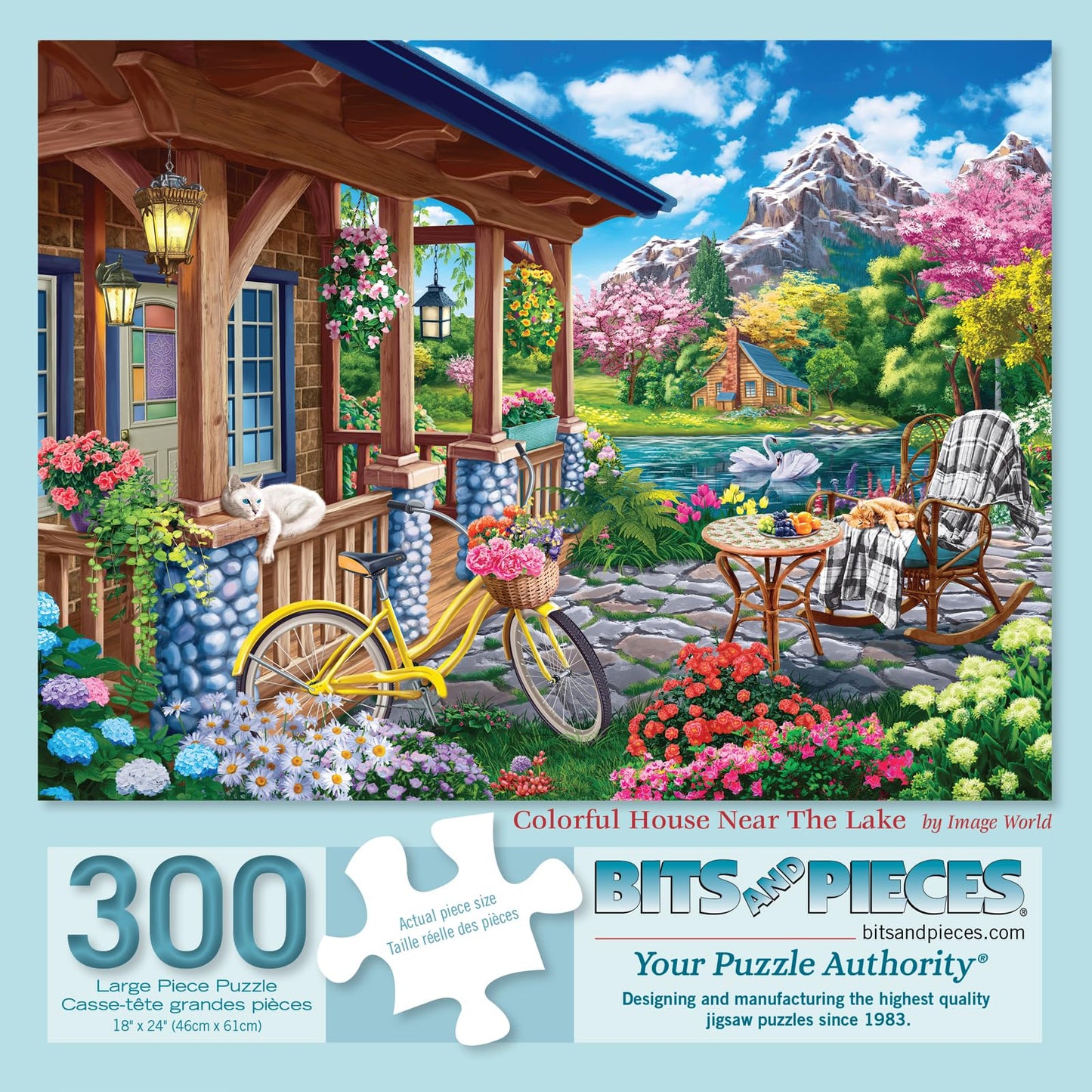 Bits and Pieces Jigsaw Puzzle for Adults - Colorful House Near The Lake by Image World - Scenic Lakeside Porch with Bicycle, Flowers, Cabin & Mountain