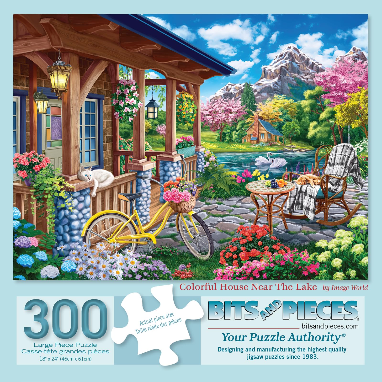 Bits and Pieces Jigsaw Puzzle for Adults - Colorful House Near The Lake by Image World - Scenic Lakeside Porch with Bicycle, Flowers, Cabin & Mountain