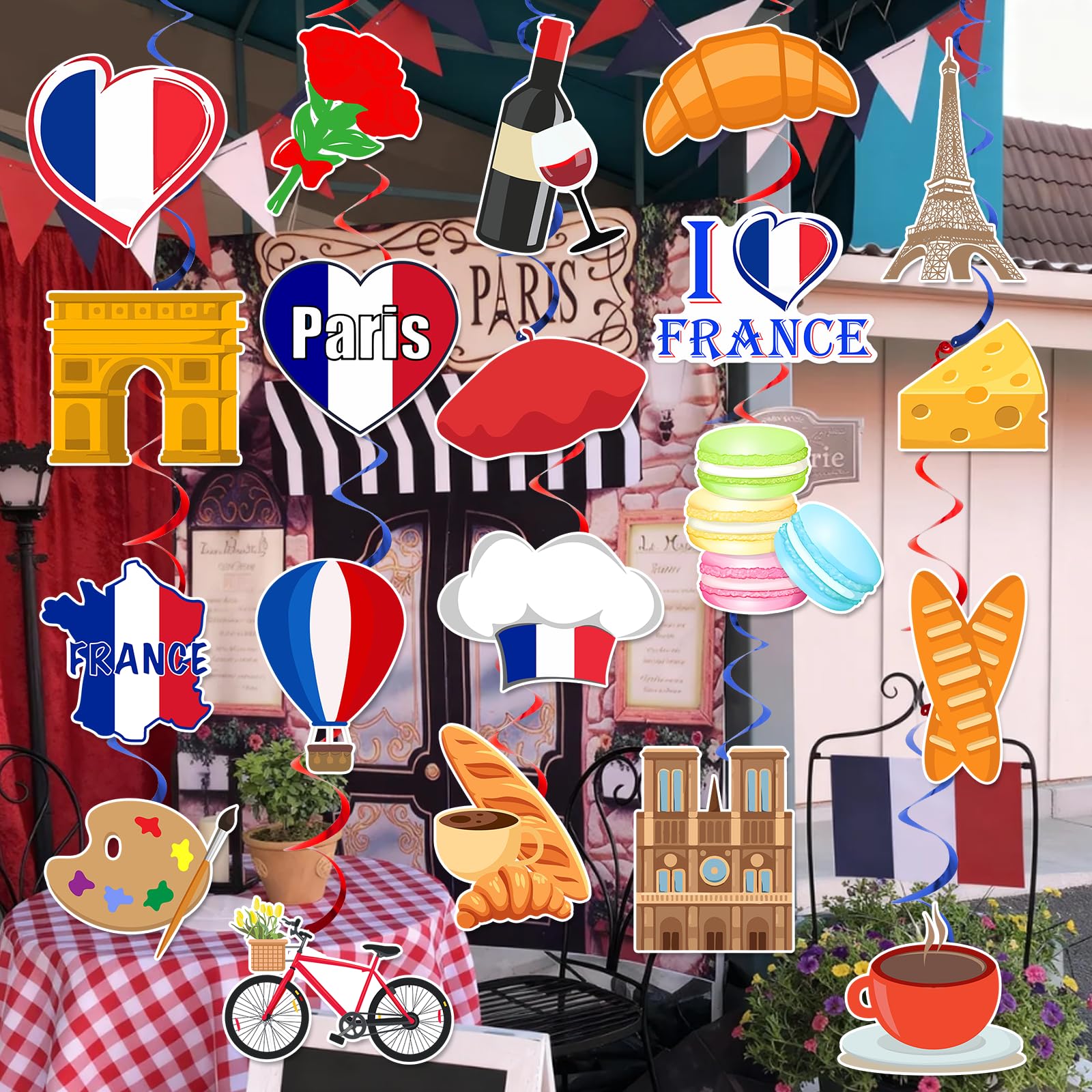 40 Pcs French Hanging Swirls Paris Themed Party Decorations Paris Birthday Party Decorations Eiffel Yower Ceiling Hanging Decor for Bastille Day
