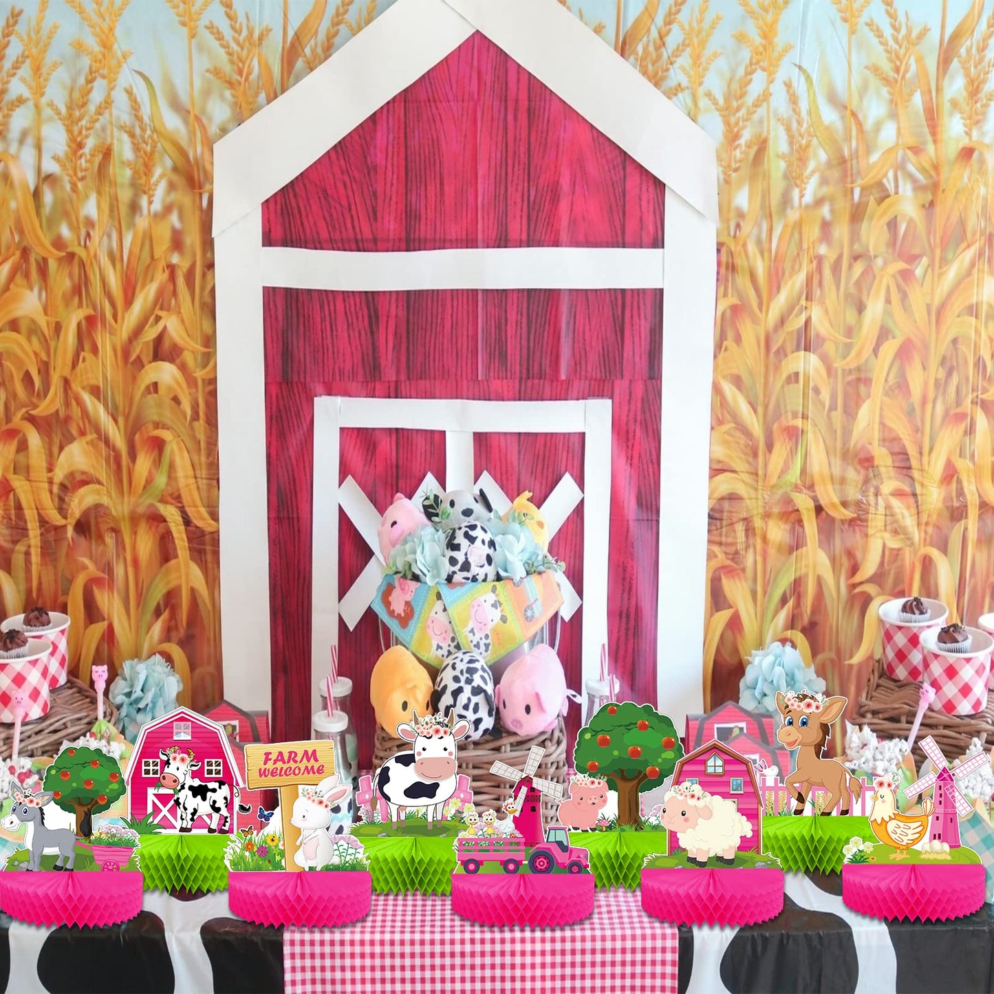 PHIAMOLY 9 Pcs Farm Animal Honeycomb Centerpiece Farm Birthday Party Supplies Farm Theme Indoor and Outdoor Table Decorations barn Party Supplies