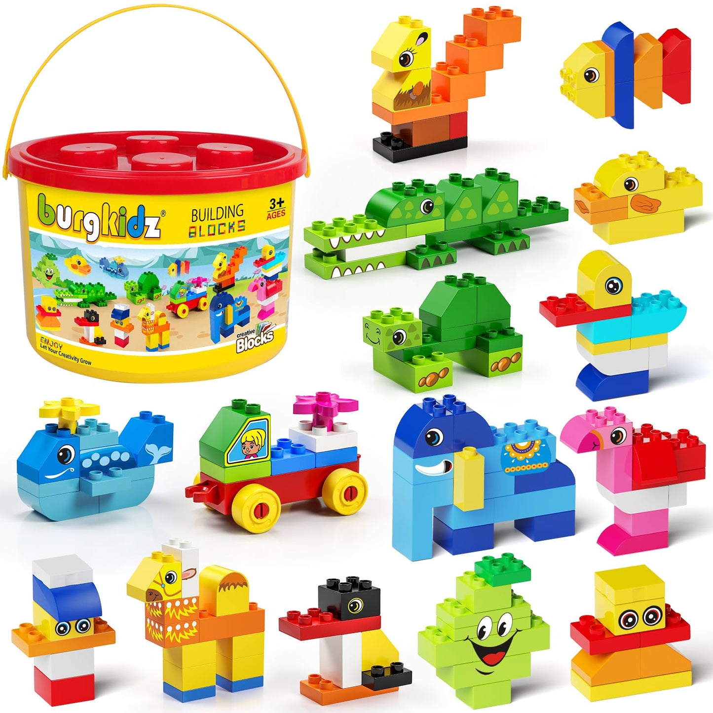burgkidz Animal Building Toys for Toddlers 3-5, Jumbo 135Pcs Building Blocks, Creative Take Apart Puzzle with Storage Bucket, Compatible with Major