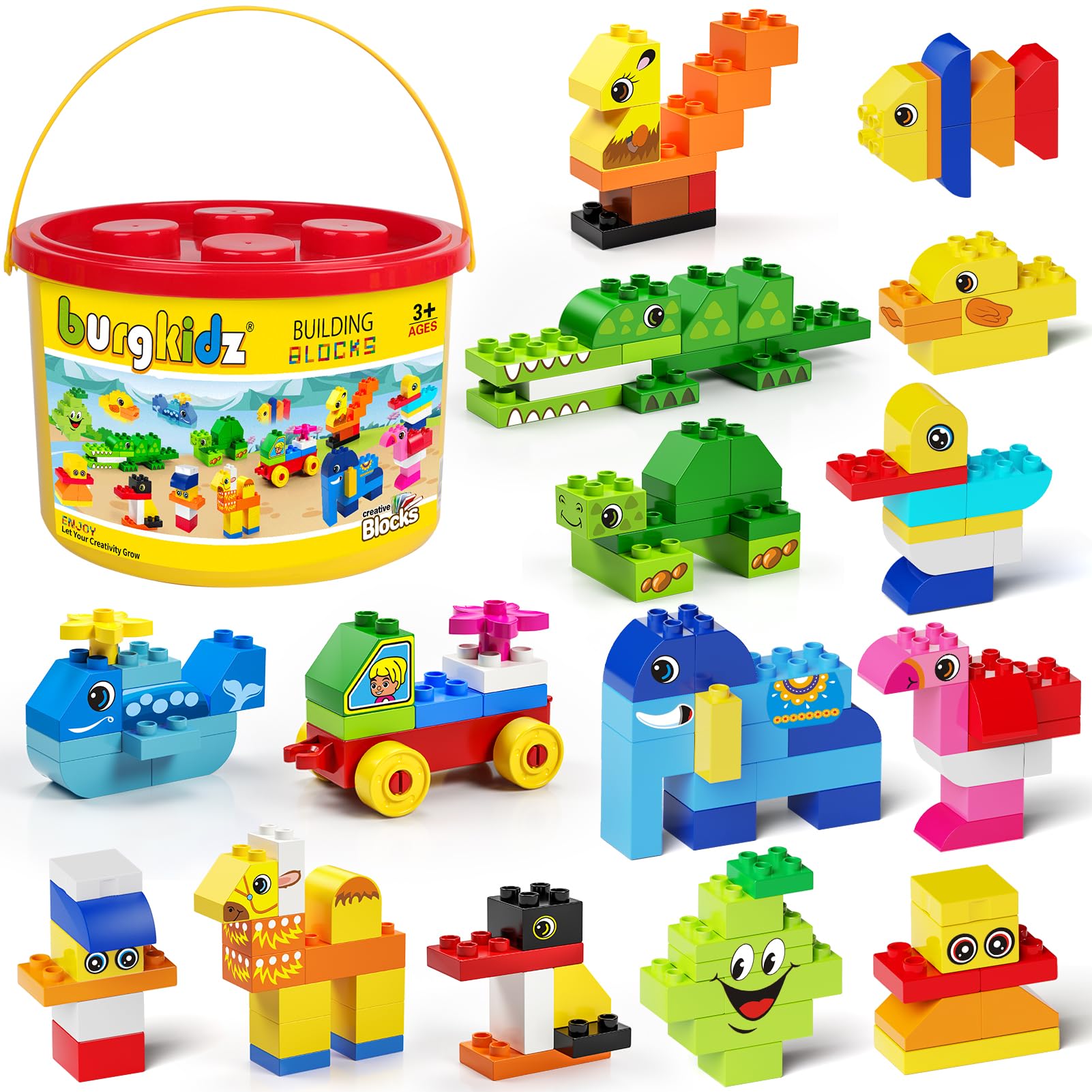 burgkidz Animal Building Toys for Toddlers 3-5, Jumbo 135Pcs Building Blocks, Creative Take Apart Puzzle with Storage Bucket, Compatible with Major