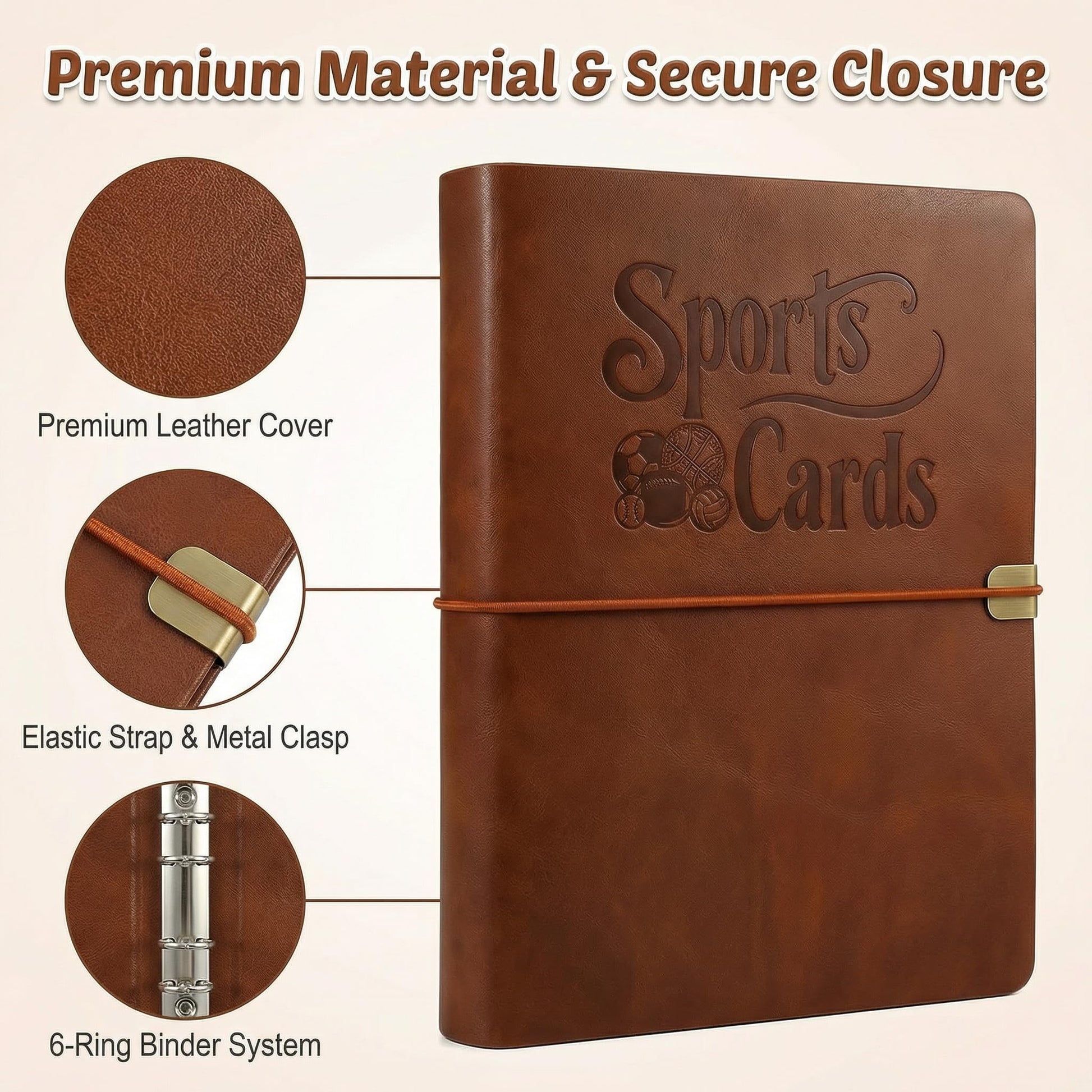 IdeaMarlle Leather Sports Card Binder with 600 Pockets, 4-Pocket Double-Sided Trading Card Album with 75 Sleeves, 6-Ring Refillable Card Collection