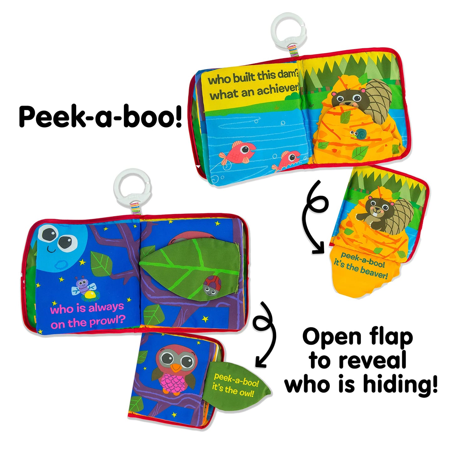 Lamaze Peek-A-Boo Forest Soft Baby Book - Clip-On Cloth Book - Washable Crinkling Fabric Pages for Sensory Play - Teething and Learning Toys