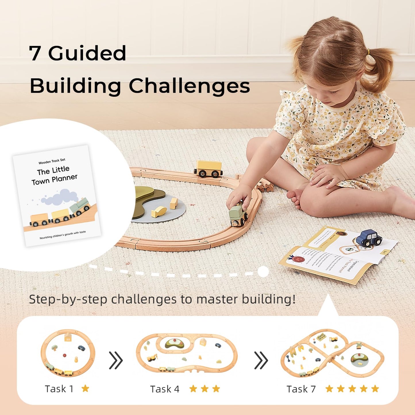 OOOK Multi-Scenario Wooden Train Set,All Wood Accessories Train Set for Toddlers 3 Years Old, Multi-Scenario Train Toy for 3 4 5 Years Old Girls
