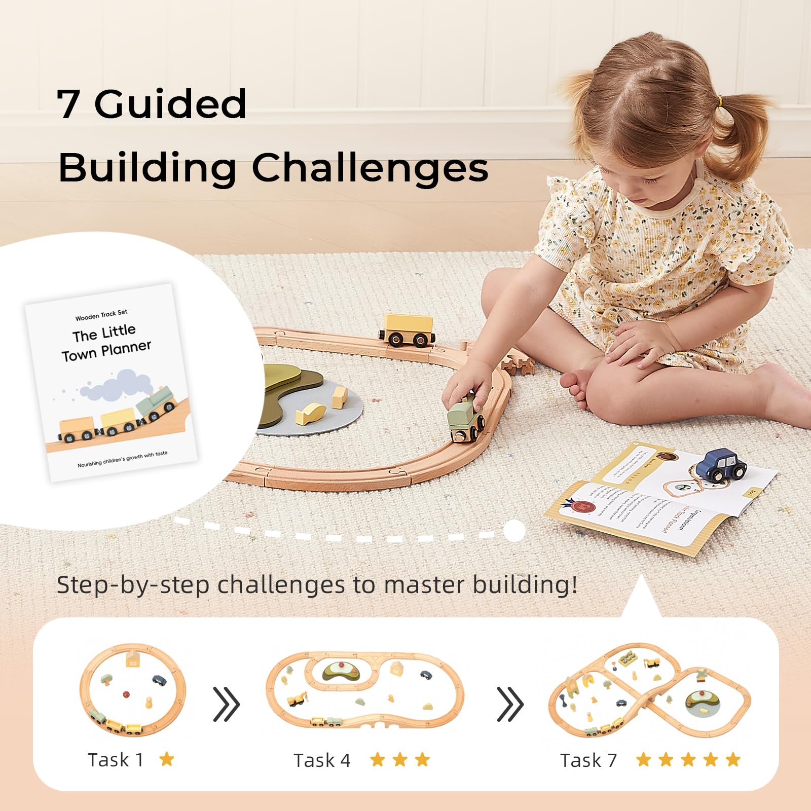 OOOK Multi-Scenario Wooden Train Set,All Wood Accessories Train Set for Toddlers 3 Years Old, Multi-Scenario Train Toy for 3 4 5 Years Old Girls