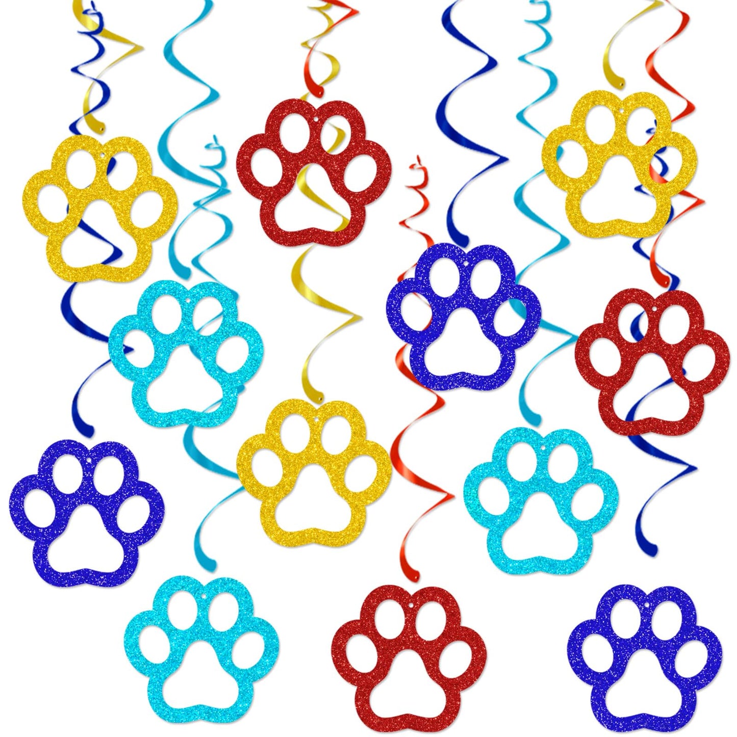 24Pcs Dog Paw Hanging Swirl Decorations Foil Spiral Party Streamers, 4 Colors Glitter Cardboard Paw Cutouts Puppy Birthday Supplies Kids Adults Pet