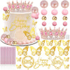 AMZVALU Corona Para Pastel, Crown Cake Topper, 3 Happy Birthday Cake Toppers, Balls Candles Butterflies Cake Decorations, Birthday Crown for Women