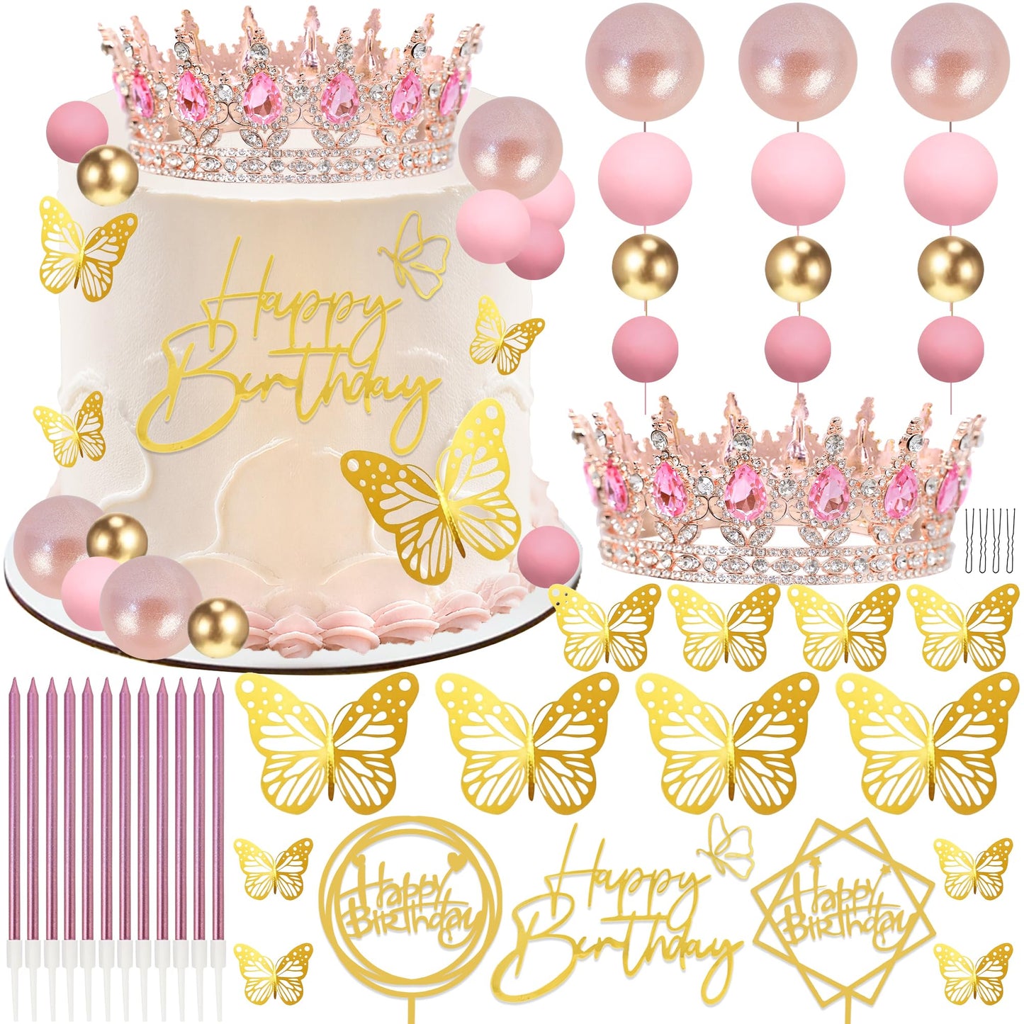 AMZVALU Corona Para Pastel, Crown Cake Topper, 3 Happy Birthday Cake Toppers, Balls Candles Butterflies Cake Decorations, Birthday Crown for Women