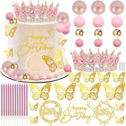 AMZVALU Corona Para Pastel, Crown Cake Topper, 3 Happy Birthday Cake Toppers, Balls Candles Butterflies Cake Decorations, Birthday Crown for Women