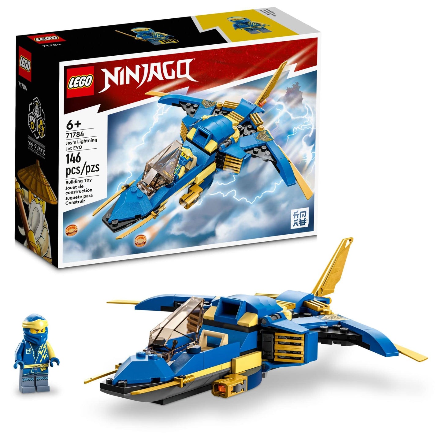 LEGO NINJAGO Jay’s Lightning Jet EVO 71784, Upgradable Toy Plane, Ninja Airplane Building Set, Collectible Birthday Gift Idea for Grandchildren, Kids