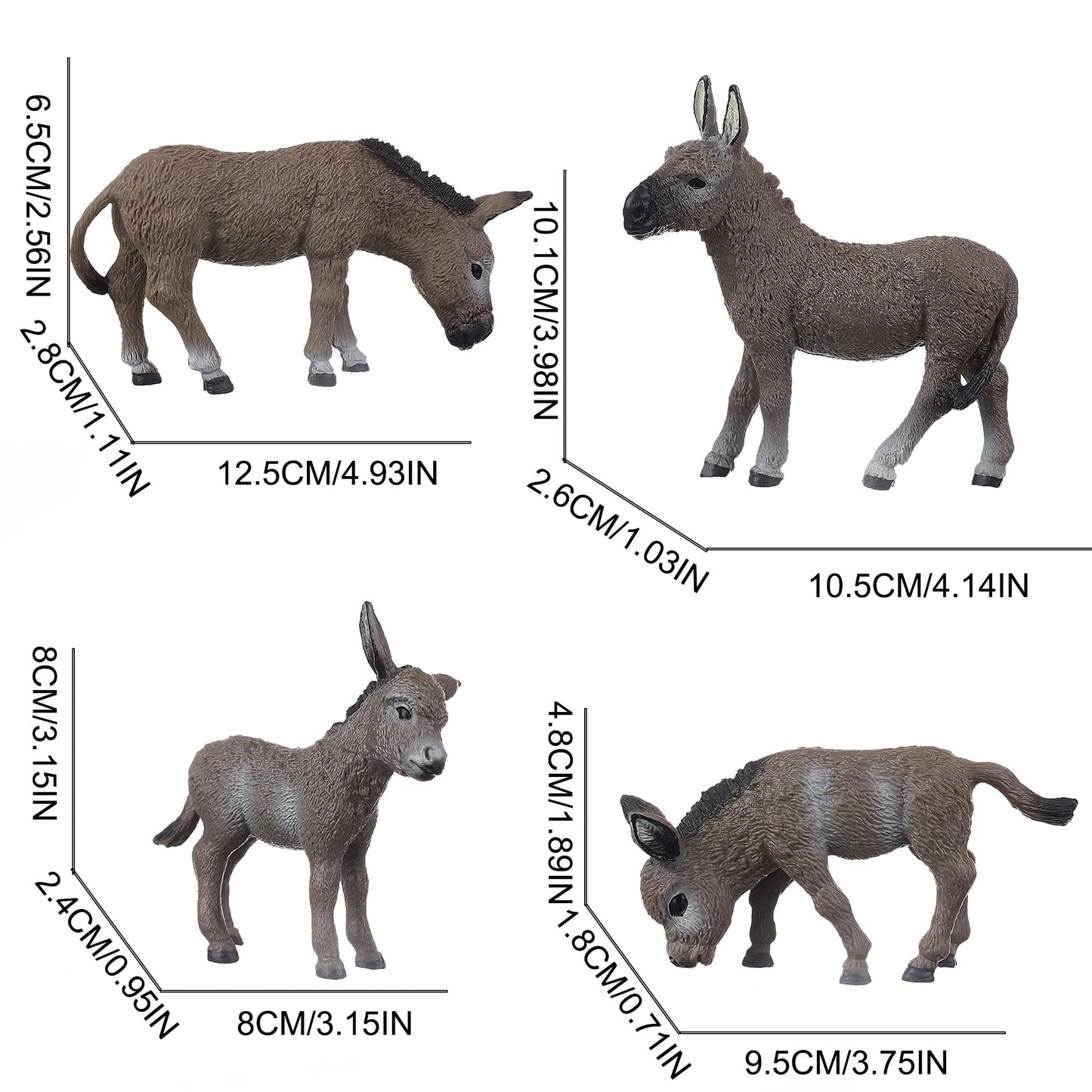JOKFEICE Animal Figures 4pcs Plastic Gray Donkey Family Animals Action Model Science Project, Learning Educational Toys, Birthday Gift, Cake Topper